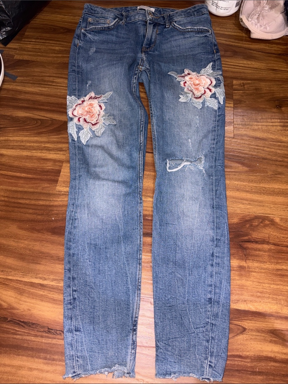 Zara Blue Skinny Jeans with Pink Rose Embroidery
